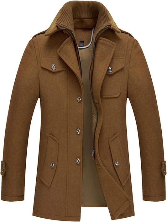 Men'S Zipper Single Breasted Pea Coat Jacket Long Stand Collar Wool Blend Coat Warm Winter Slim Trench Coat